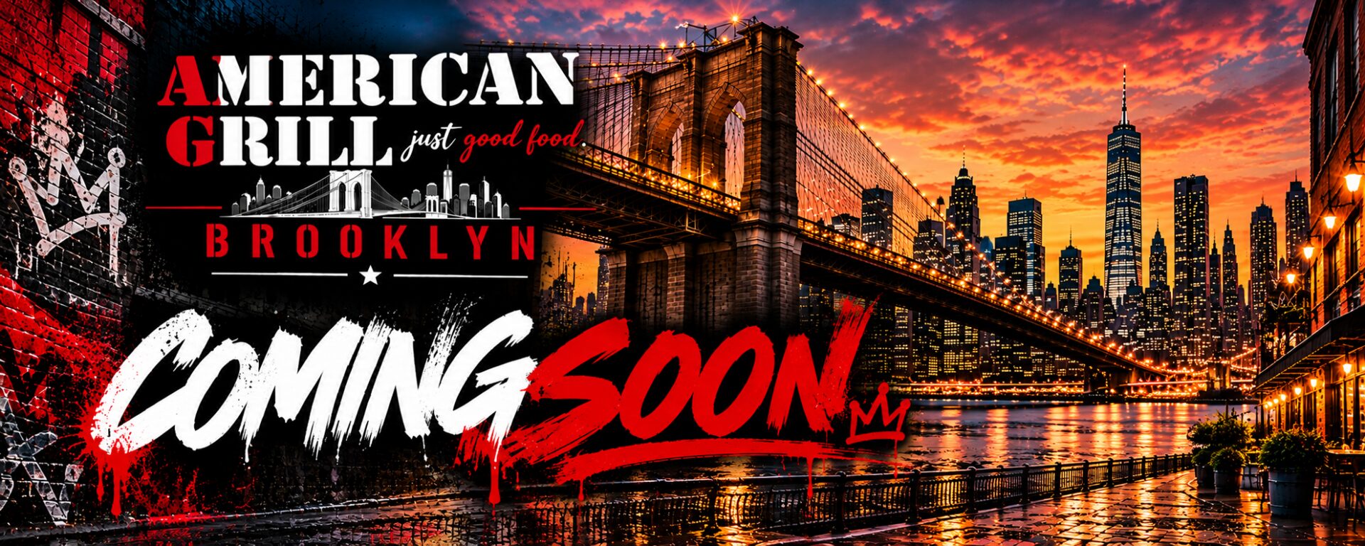 American Grill Brooklyn coming soon promotional banner featuring the Brooklyn Bridge, New York City skyline, and American Grill branding.